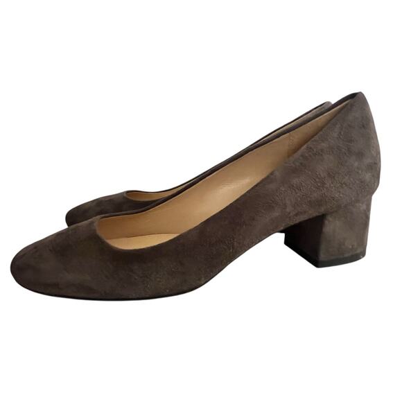 NEW The SELLER Block Heel Pump •37.5/. 7• Brown Suede Round Toe Heel Shoes ITALY - Picture 1 of 9